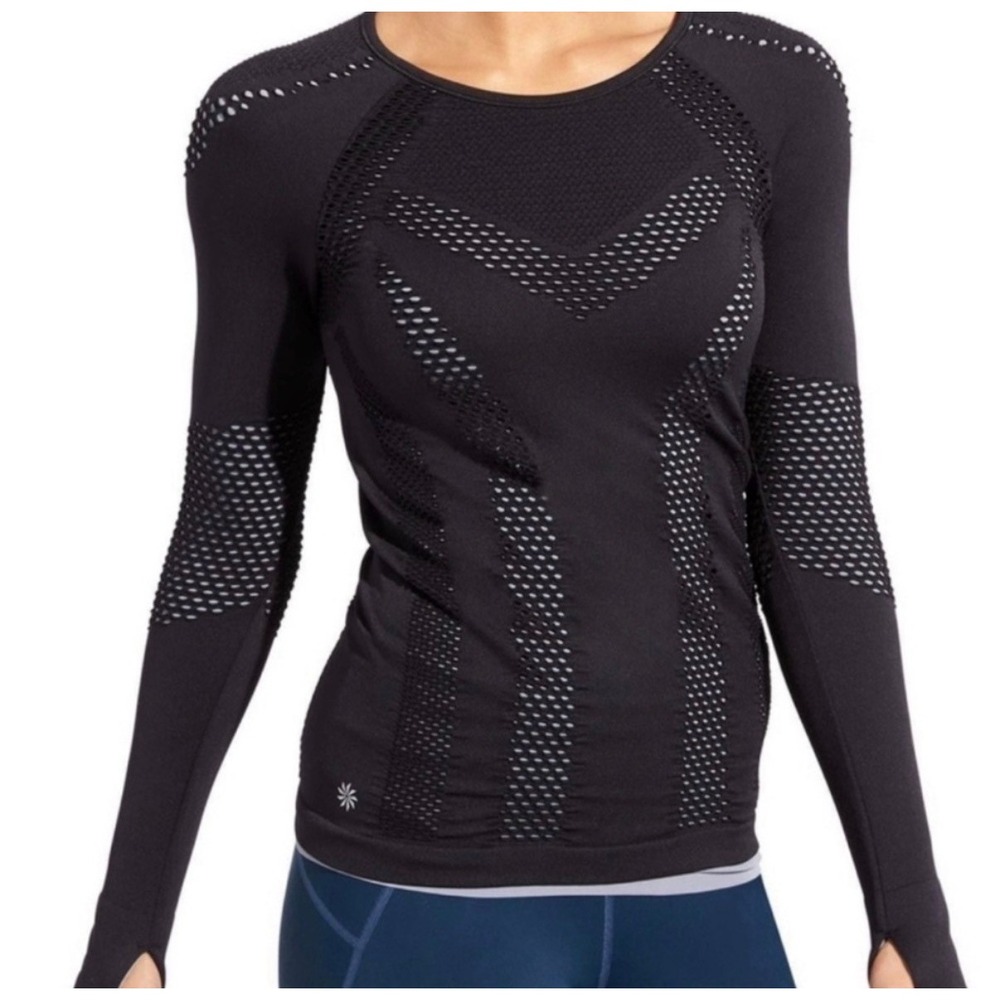 Athleta Burpee Double-Lined Laser Cut Seamless Long Sleeve Top Black Medium